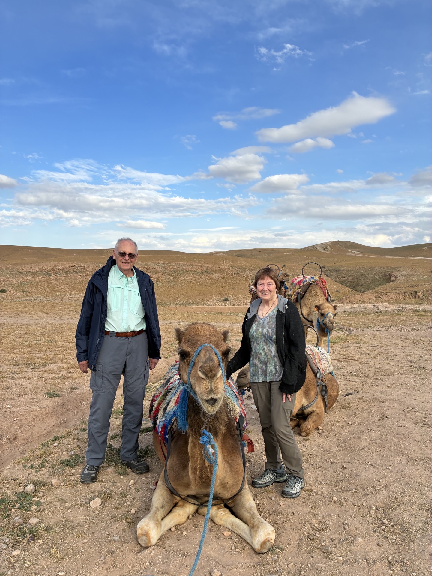 An older man and woman pose beside two kneeling camels with colorful woven halters in a dry, hilly desert landscape under a partly cloudy sky.