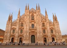 Made of pink marble and decorated with Gothic spires, Milan’s cathedral is one of the largest in Europe. Photo by Cameron Hewitt