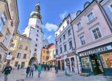 St. Michael's Gate in Bratislava's old town is the last surviving tower of the city wall. Photo by Cameron Hewitt