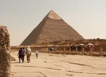 Dating from 2520 BC, the Khafre pyramid, one of three main pyramids at Giza, is the second-largest in this complex, reaching a height of 470 feet.