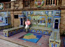 Beverly Hazen (in March 2020) in Plaza de España in the Parque de María Luisa, built for the Ibero-American Exposition of 1929 in Sevilla, Spain. Photo by Sam Hazen
