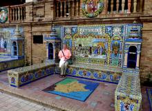 Beverly Hazen (in March 2020) in Plaza de España in the Parque de María Luisa, built for the Ibero-American Exposition of 1929 in Sevilla, Spain. Photo by Sam Hazen