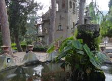 With a Victorian folly in the background, this pond is centered with a tropical plant in the garden Hallington Siculo — Taormina, Sicily. Photos by Yvonne Michie Horn