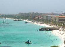 An aerial view of Aruba's busy Palm Beach.