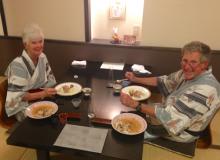 Anne and Simon Lowings enjoying dinner at a ryokan in Japan.