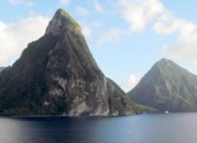 The Pitons, twin volcanic mountain peaks in Saint Lucia.