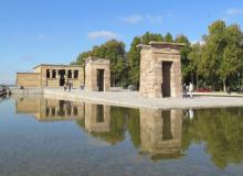 The Temple of Debod in Madrid, with two pylons in front and a reflecting pool. Photos by Julie Skurdenis