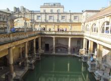 The Great Bath as seen from the upper terrace, lined with statues of Roman emperors and governors. Photos by Julie Skurdenis