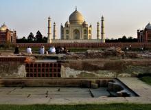 The Taj Mahal flanked by the Kau Bon mosque and the Mihman Khana palace — Agra, India. Photo by Peg Sonnek