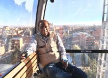 Frank Stewart in a cable car in La Paz.