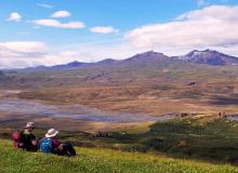 Hikers atop Valahnúkur in the Þórsmörk (“Thor’s Woods”) region are rewarded with 360-degree views. Photo by Glenn Eriksen