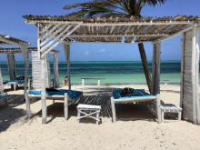 An idyllic, peaceful scene — palm-tree shade, white sand and the turquoise ocean.