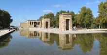 The Temple of Debod in Madrid, with two pylons in front and a reflecting pool. Photos by Julie Skurdenis