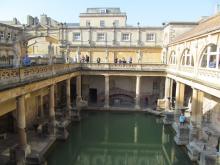 The Great Bath as seen from the upper terrace, lined with statues of Roman emperors and governors. Photos by Julie Skurdenis
