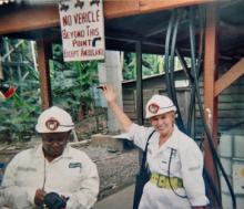 Carole and a Ghanian official at the AngloGold Ashanti mine — Ghana.
