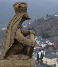 This statue at Reichsburg Castle in Cochem, Germany, overlooks the Mosel River.