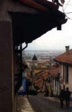 Sauntering down a street in Bogotá’s La Candelaria neighborhood.