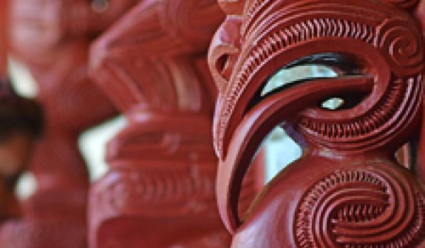 Carvings on the Whare Runanga, a Maori meeting house built in 1940 at the Waitangi Treaty Grounds in New Zealand. Photo: ©Rafael Ben-Ari/123rf.com