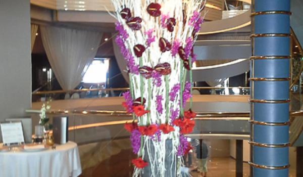 Floral arrangement outside the <i>Westerdam</i>’s main dining room. Photos by Marsha Caplan