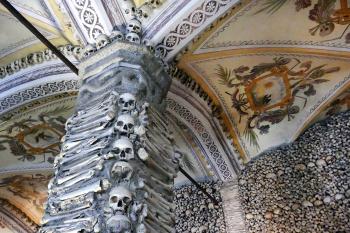 The Chapel of Bones, at the Church of St. Francis, contains thousands of skulls and bones unearthed from various Evora churchyards. Photo by Cathy Lu