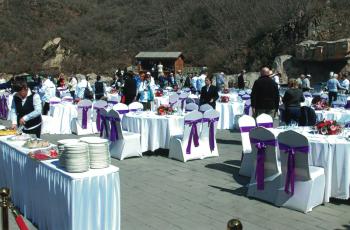 Having lunch on the Great Wall of China.