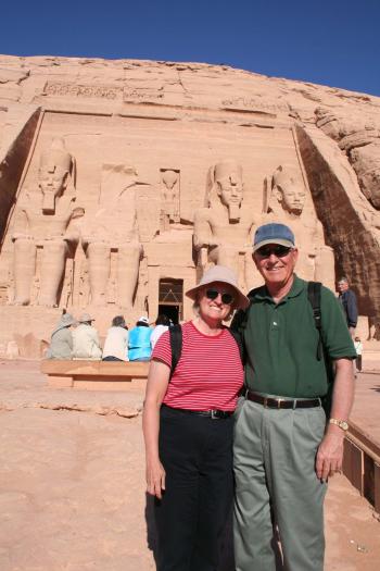 Ray and Wanda Bahde posing near the Temple of Ramses II in Abu Simbel, Egypt.