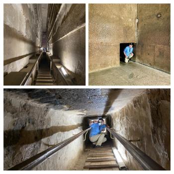 A collage of pictures showing Norman Dailey climbing inside the Great Pyramid to the King's Chamber. He wrote, “I am 6 feet tall. The first leg (bottom), I had to bend over as I went up a ramp. The second leg, I could stand up, but the ramp was steeper. Finally, I had to crawl into the King’s Chamber, a room about 35 feet long, 17 feet wide and 19 feet tall. The King's Chamber has no artwork and simply contains a large, unadorned sarcophagus.” Photo by Susan Dailey