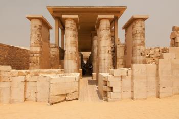 The towering colonnade at the Saqqara step pyramid complex through which Pharaoh Djoser once walked.