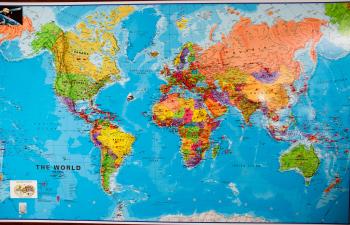Map of the world with push pins in all 196 independent sovereign nations that I have visited, as well as cities, territories and groups of islands. Photo by Leon Hochman