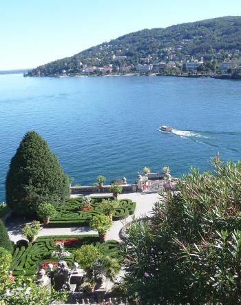 View of the garden of the Palazzo Borromeo on Italy’s Isola Bella and, beyond, the west shore of Lago Maggiore and Stresa, as seen from the belvedere of the palazzo. Photo by George Nevin