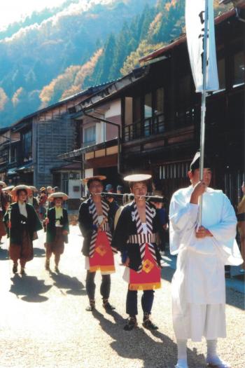 A traditional parade reenacting a bridal procession on the Nakasendo Highway, Kiso Valley.