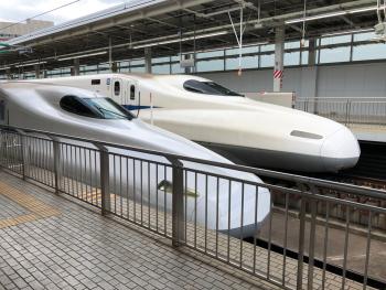 Shinkansen (bullet trains) at Shin-Osaka Station.