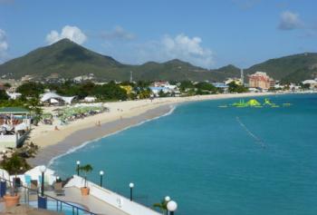 View of the Great Bay beach and Philipsburg from Miramar Ocean View room No. 460 at Sonesta Great Bay Beach Resort — St. Maarten. Photo by Randy Keck