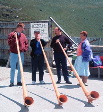 Alpenhorn players in St. Moritz, Switzerland.
