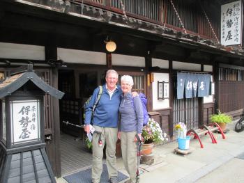 Simon and Anne Lowings in front of a hotel in Japan.  Photo by Simon Lowings