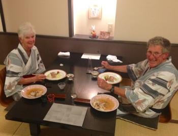 Anne and Simon Lowings enjoying dinner at a ryokan in Japan.