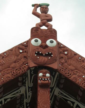 Carvings on top of the wharenui in Whakarewarewa, near Rotorua.