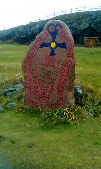 Modern example of a Viking memorial rune stone at the L’Anse aux Meadows archaeological site.