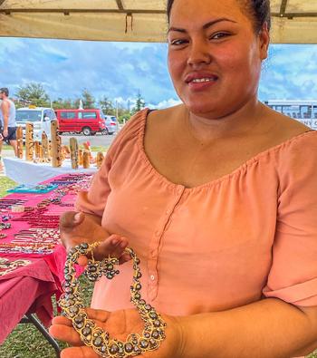 I bought this necklace and earrings from this very talented woman in Nuku’alofa, Tonga, in February 2020. (South Seas pearls are cheaper than Tahitian pearls.) I can’t imagine all the hours she put into it. Photos by Katherine Shindel