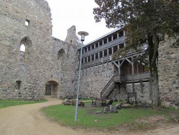 Walls and wooden gallery of Old Sigulda Castle — Latvia.