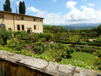 View of the beautiful garden at Villa Poggio Torselli near San Casciano Val di Pesa.