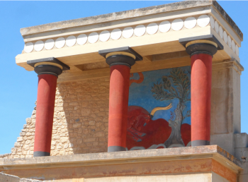 The charging bull fresco at the North Entrance of Knossos Palace.