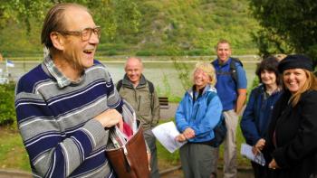 Herr Jung leads a group through Bacharach, Germany. Photo by Dominic Arizona Bonuccelli.