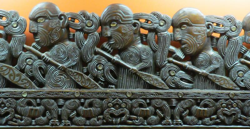 Woodcarving of Māori rowers in the Te Wairoa museum, near Rotorua. Photos by Julie Skurdenis