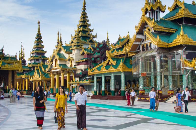 Elaborately decorated shrines and stupas on the middle terrace of Shwedagon Pagoda. Photo by Julie Cassen