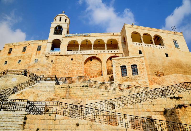 The dramatic façade of Saidnaya Monastery.